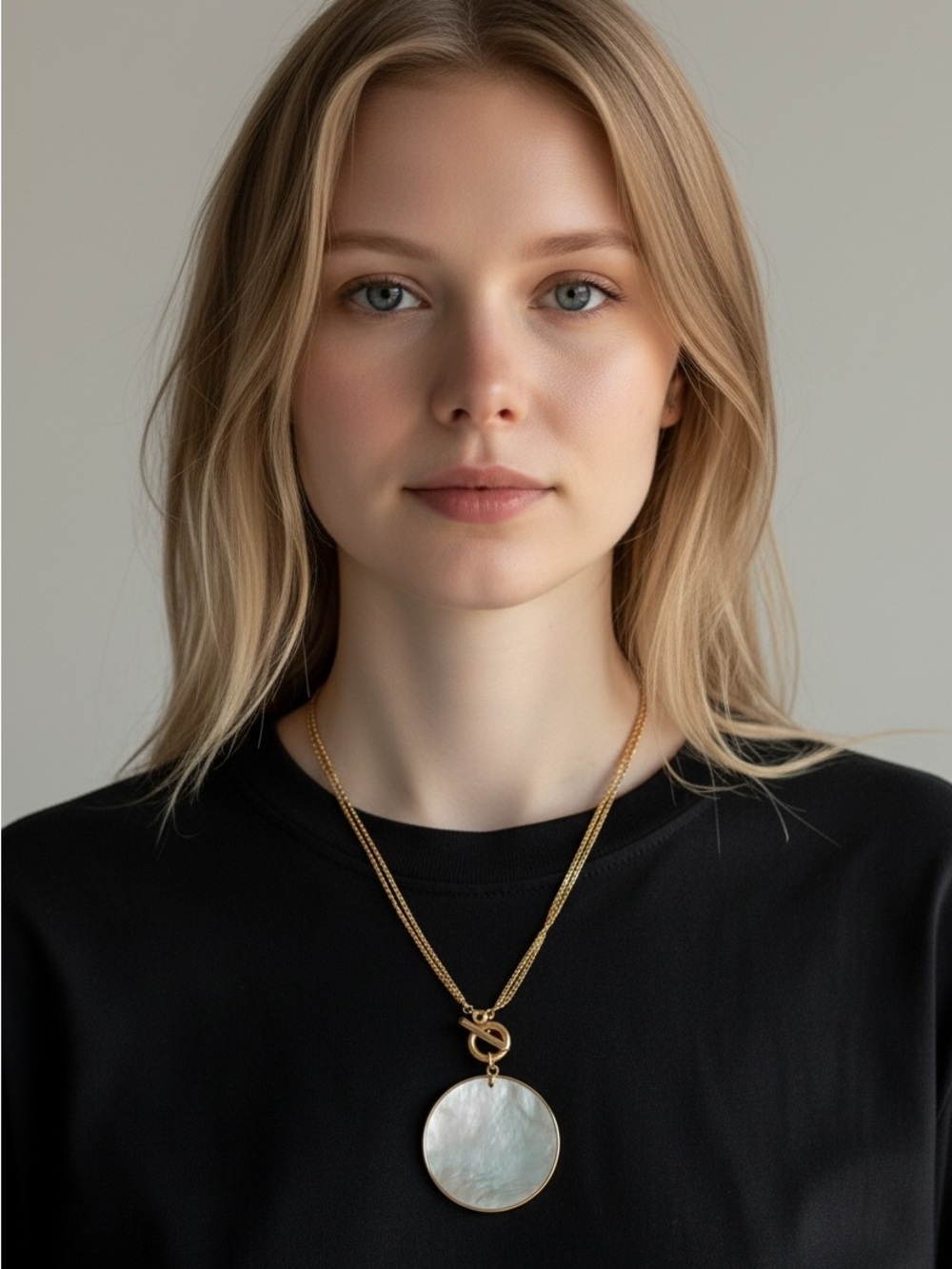9/27 Gold Pendant Necklace with Mother of Pearl Disc